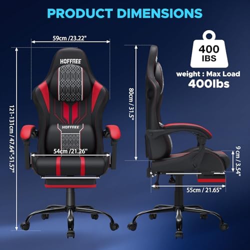 HOFFREE LED Gaming Chair with Bluetooth Speaker RGB Lights Game Chair-Red