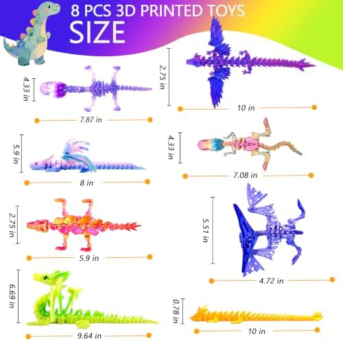 8pcs 3D Printed Rainbow Dinosaur Crystal Dragon T-Rex Fidget Toys,Flying Dragon，Pterosaur，Toys,Desk Executive Toy，Easter,Toys for Boys Kids Teen 5-7 4-6 8-12
