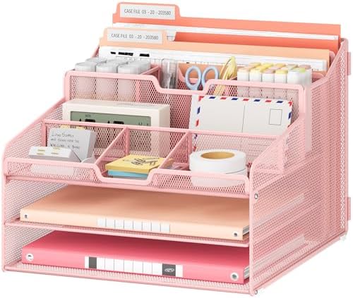 Lavatino Desk Paper File Organizer - Metal Mesh with 2 Letter Trays, 7 Flexible Dividers, 2 Vertical File Folder Holders for Office/Home/Classroom Supplies, Desk Organizers and Accessories, Pink