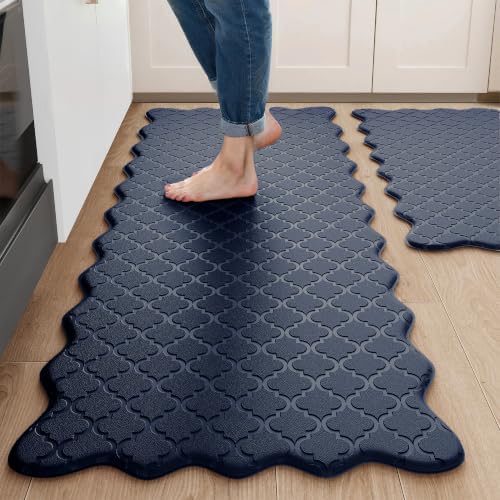 Arenarug Upgrade Scalloped Kitchen Mats for Floor 2PC, Navy Kitchen Rugs