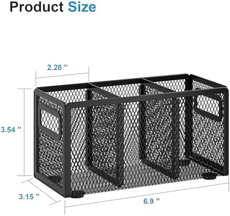 Marbrasse Mesh Pen Holder for Desk, Pencil Holder Desk Organizer 3 Adjustable Compartments, Pencil Cup with Handle Perfect for Classroom, Office, Home, Makeup, Art (Black)