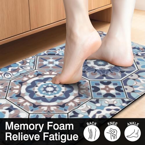 Farmhouse Boho Anti Fatigue Kitchen Mats, 17.3"x47"+17.3"x29", Blue