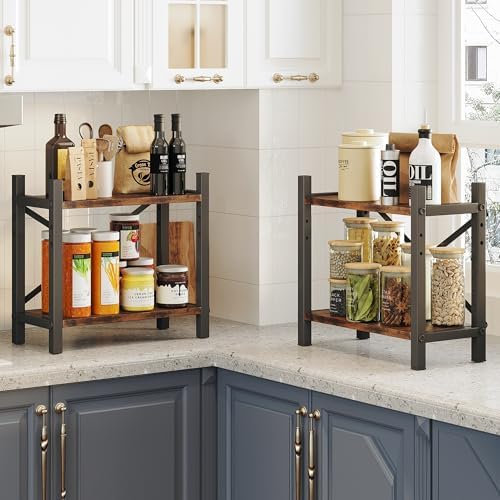 2-Pack Desktop Bookshelf, 4-Tier Stackable Narrow Bookcase, Adjustable Industrial Desk Organizer & Hutch - Rustic Brown Wood Desktop Book Organizer for Living Room, Bedroom & Home Office