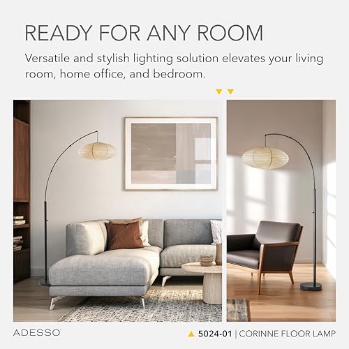 Adesso Floor Lamp, Black & Off-White Paper, Overhead Light, 80”