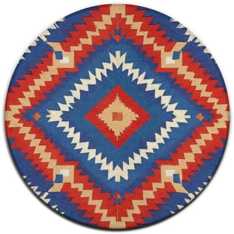 Soft Round Yoga Carpet, Large Home Decor Mat, Non Slip Machine Washable Kitchen Office Circle Rug Aztec Red Blue
