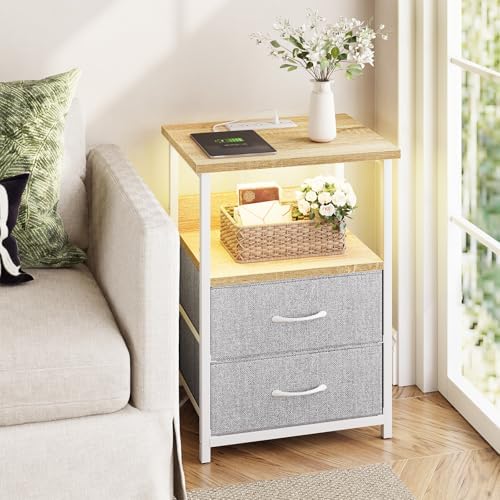 Fixwal Night Stand with Charging Station, Led Nightstand, 2 Fabric Drawers