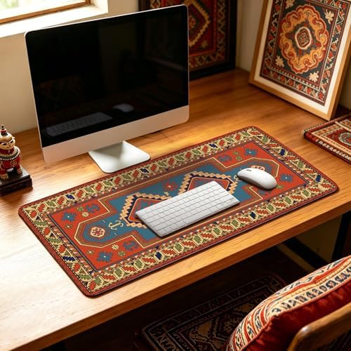 Persian Rug Mouse Pad - Desk Mat for Keyboard and Mouse - Large Mouse Pads for Desk, Gaming Mousepad with Non-Slip Base, Retro Desk Mat (31.5" X 11.8") Rug - Orange Shell
