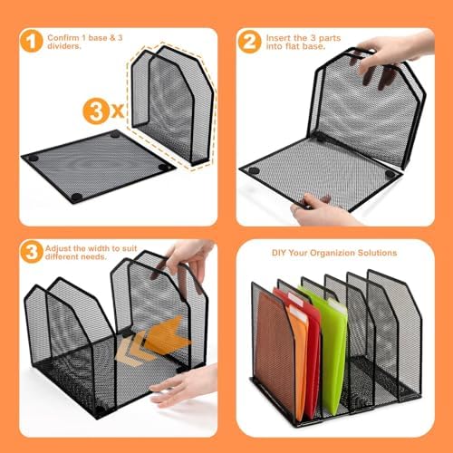 Eorbow Adjustable Desk File Organizer, 5 Sections Upright Desktop Organizer, Standing Wire Mesh Paper Divider, Sturdy Metal Folder Sorter for Office Supplies