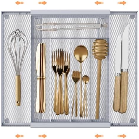 Sedegn Silverware Organizer Metal Mesh, Drawer Organizer, Utensil Cutlery Tray Expandable Flatware Organizer with 7 Compartment Silver 9.6"~16.1" x 13.8"