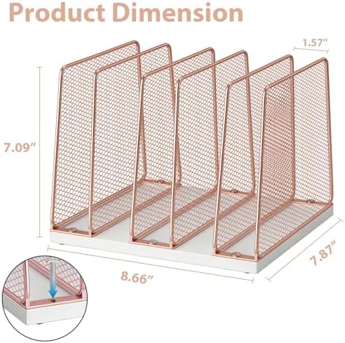 LEKETREE Rose Gold Desk File Organizer, 5-Section Upright File Sorter, Vertical File Folder Holder, Mesh Metal Wood Office Desktop Organization for Document, Magazine, Books and more (Rose Gold)