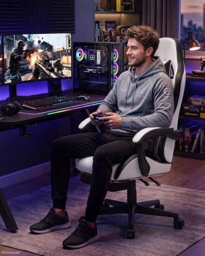 LUCKRACER Gaming Chair with Pocket Spring Cushion and Footrest, PU Leather 90°-155° Reclining Computer Chair, 4.5" Height Adjustment, Ergonomic Office Chair with Lumbar Support, White