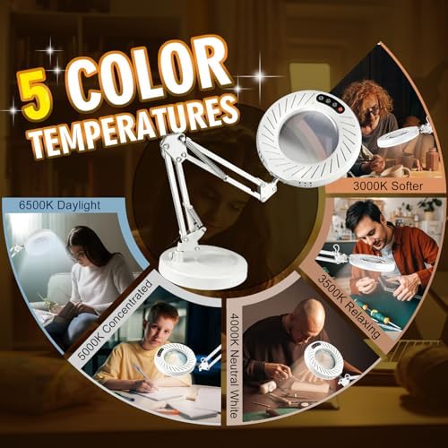 Toolastra 12X Magnifying Glass with Light and Stand, 144 LEDs Brightest Desktop Magnifying Lamp, 10 Dimmable Brightness 5 Color Modes, Hands Free Metal Desk Lamp for Craft Reading Painting (White)