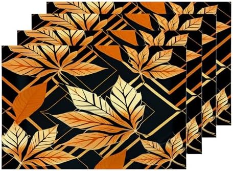 Shrahala Yellow Maple Leaves Placemats, On Black Grid Table Mat Linen Burlap Washable Double-Deck Heat Insulation for Dining Table Kitchen Table Set of 4 (12 x 18 inch)