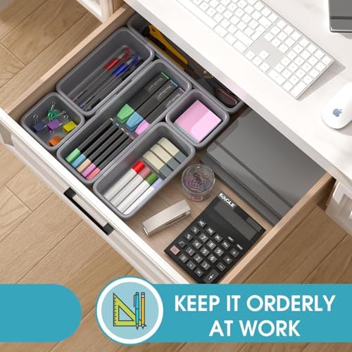 6 PCS Drawer Organizer Set, 3 Size Makeup Drawer Divider Organizer With Non-Slip Pads, Interlocking Plastic Storage Bins for Office,Jewelry Vanity,Gadgets, Bathroom,Kitchen, Grey
