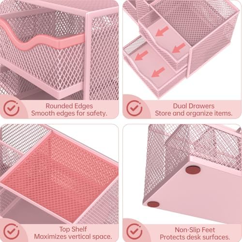 Mesh Desk Organizer with 2 Drawers, Metal Pen Holder for Desk, Pink