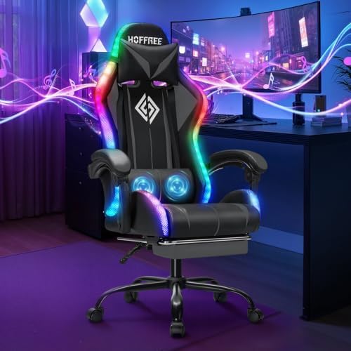HOFFREE RGB Gaming Chair with Speakers Massage LED Lights Game Chair-Grey