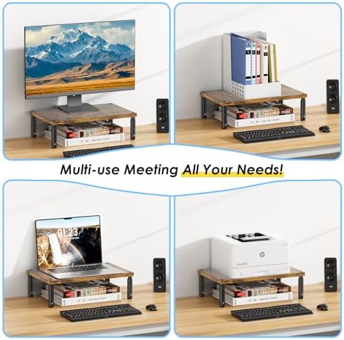 ECOLOVI Adjustable Wood Computer Monitor Stand Riser, Office Desk Organizer and Accessories for Monitor, Laptop, PC, Printer, Office Desk Accessories Workspace Organizer for Home Office Supplies, Brown 2-Pack