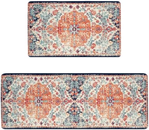 Boho Anti Fatigue Kitchen Mat, Orange, 17"x47"+17"x29"