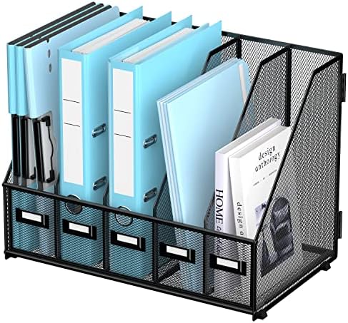SUPEASY Desk Organizers Metal Desk Magazine File Holder with 16''x12''x12'' 5 Vertical Compartments Rack File Organizer for Office Desktop, Classroom, Home Workspace, Black Plus