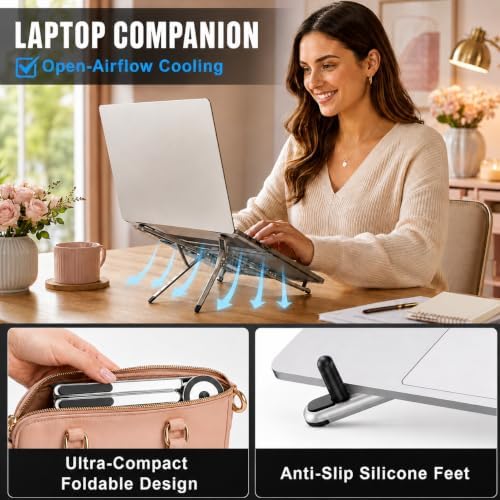 4-in-1 Foldable Laptop Stand & Riser, Tablet Stand, Magnetic Phone Holder