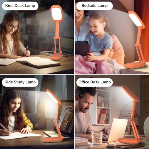 Akejrym LED Desk Lamp for Office Home & Battery Operated Lamp Rechargeable Lamp Foldable & Portable Light, [2-Fold Bracket] 3 Brightness Dimmable Small Desk Lamp Wireless Reading Lamp (Orange)
