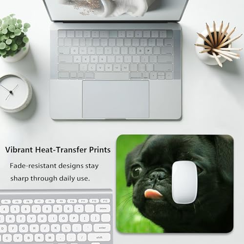 Cute Black Pug Puppy Tongue Out Close-Up Mouse Pad, Dog Stitched Desk Mat