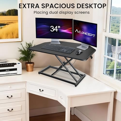 Aconcept 34 inch Black Corner Height Adjustable Standing Desk Converter, One-Click Sit to Stand up Desk Riser, Pre-Assembled Dual Monitor and Laptop Workstation