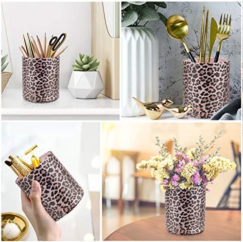 Pen Holder for Women Girls Desk Decor Pencil Cup for Decoration Durable Leather Desk Organizer Makeup Brush Holder, Classic Leopard