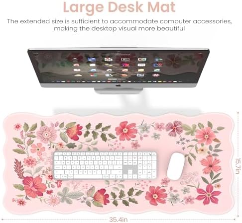 HAOCOO Floral Desktop Mat with Scalloped Edge, XL Computer Pad(Hot Pink)