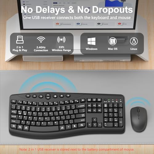 Wireless Keyboard and Mouse Combo, 2.4G Quiet Ergonomic Curved Keys(Black)
