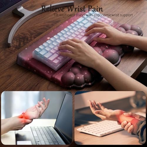 Computer Keyboard Stand Pad with Wrist Rest Dark Pink Cloud Keyboard Pad Support with Comfortable Black Galaxy Stars Wrist Pad Cute Girl Ergonomic Tilted Keyboard Riser Holder for Desktop Office Home