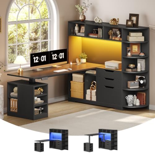 SEDETA 59" L Shaped Standing Desk with 3 Drawers Storage and Bookshelves