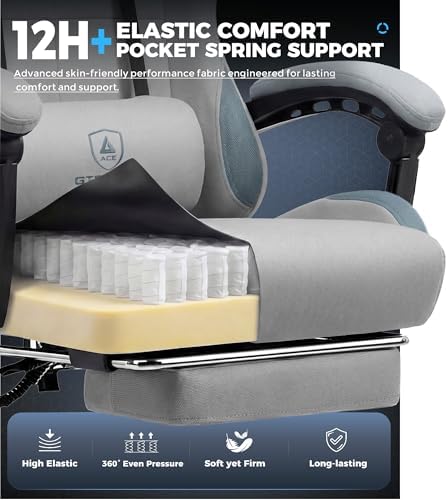 GTPLAYER Gaming Chair Fabric with Pocket Spring Cushion,Computer Office Chair with Lumbar Support for Adults Linkage Armrests and Footrest Ergonomic Gamings Chairs Height Adjustable Silver Grey