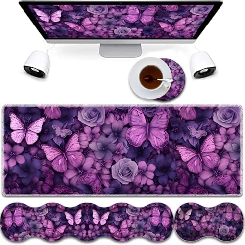 Mouse Pad Combo, Large Gaming Mouse Pad + Keyboard Wrist Support + Mouse Wrist Rest + Coaster, Table Pad 31.5 "x 11.8" with Memory Foam Ergonomic Wrist Pad Set, Butterflies Purple and Purple Flowers