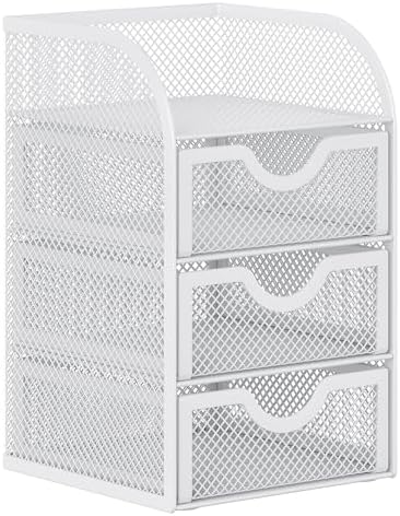 EasyPAG Mesh Desk Organizer with 3 Drawer Office Desktop Organizers and Accessories Stationery Caddy for Office, Home, Students, White