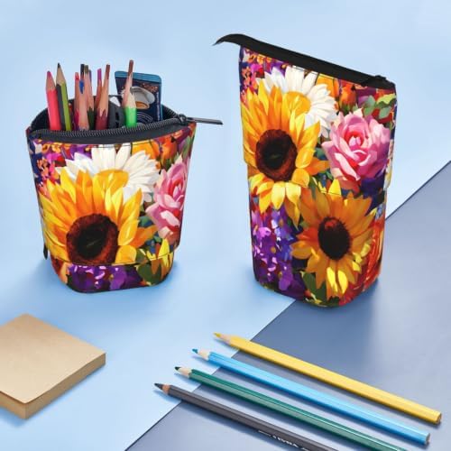 Sunflower Flower and American Flag Standing Pencil Case