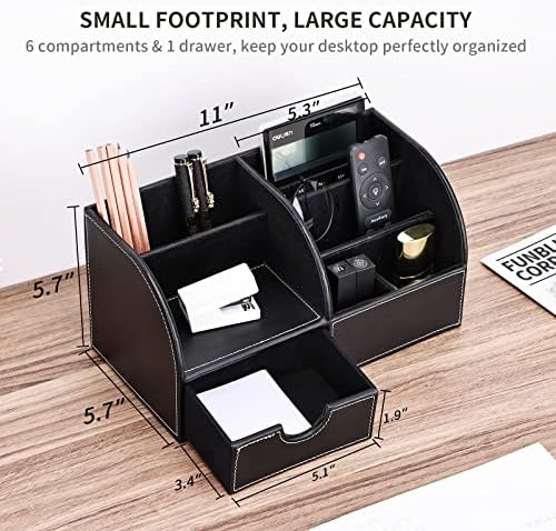 KINGFOM Pu Leather Desk Organizer Pen Pencil Holder Office Supplies Caddy Storage Box 6 Compartments with Drawer Black (Full Pu Leather)