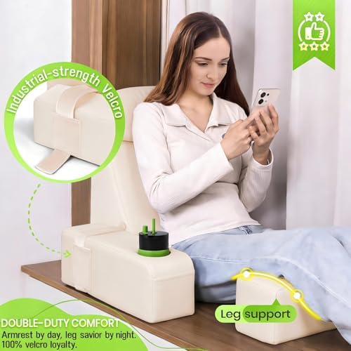 Reading Pillow for Adults, Back Pillow for Bed Sitting Up, Backrest Pillow for Sitting in Bed, Detachable Arms with Built-in Cup & Phone Caddy (Beige, 21 INCH)
