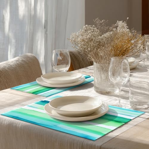 Shrahala Horizontal Stripes Watercolor Set of 8 12 X 18 Inch Linen Placemats, Soft Colorful Stripes Burlap Table Mat Washable Double Layered Heat Insulation for Indoor/Outdoor