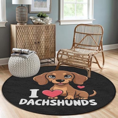 Soft Round Yoga Carpet, Large Home Decor Mat, Non Slip Machine Washable Kitchen Office Circle Rug Love Dachshunds