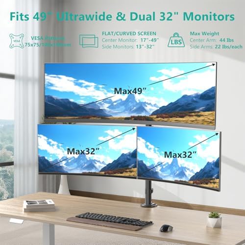 WALI Triple Monitor Mount for up to 49 inch Ultrawides on Top Bracket and 32 inch Screens on Side Brackets, Extra Tall 3 Monitors Desk Mount, Heavy Duty Monitor Arm up to 44 lbs (M003-P), Black