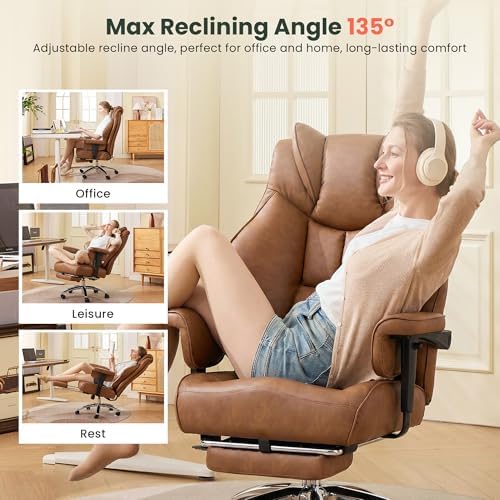 CIOMAN 500lbs Big and Tall Office Chair Adjustable Lumbar Support, Extra Wide Seat Ergonomic Gaming Chair with Footrest, Heavy Duty High Back Executive Leather Computer Desk Chair, Brown