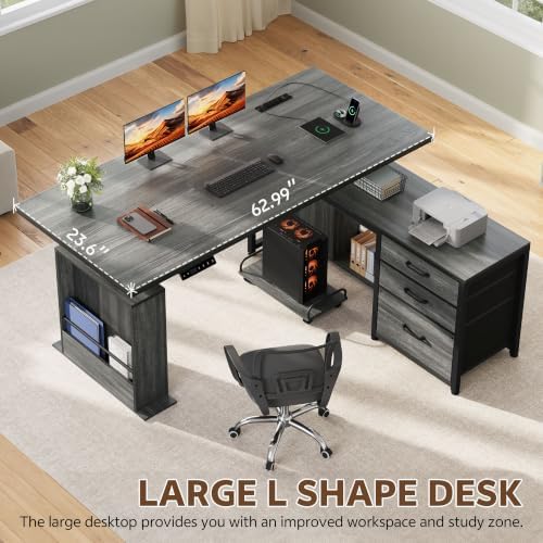 63'' L Shaped Desk with 3 Drawers Electric Standing Desks Grey