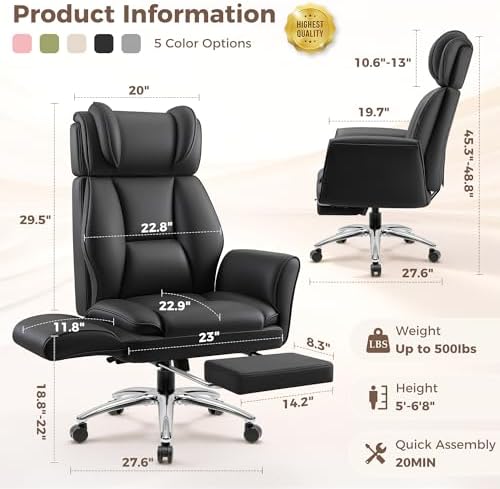 Big and Tall Office Chair, Flip Armrests for Pets & Cross Legged Sitting, Ergonomic Leather Executive Desk Chair with Foot Rest, High-Back Reclining Computer Chairs for Home Office Gaming, Black