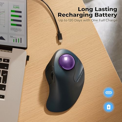 Wireless Ergonomic Trackball Mouse, Large Hands, 44mm Index Finger Control