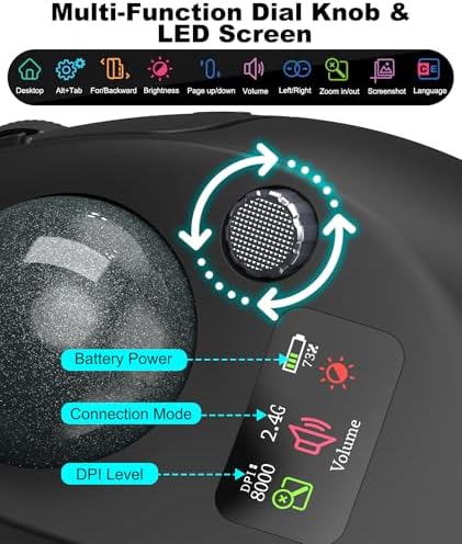 TRELC Wireless Trackball Mouse with Knob Control & LCD Screen, Ergonomic Rechargeable Thumb Control Mice with Tilt Stand, 8000 DPI, Silent Programmable Mouse for 3 Devices, PC, Laptop, Tablet (Black)