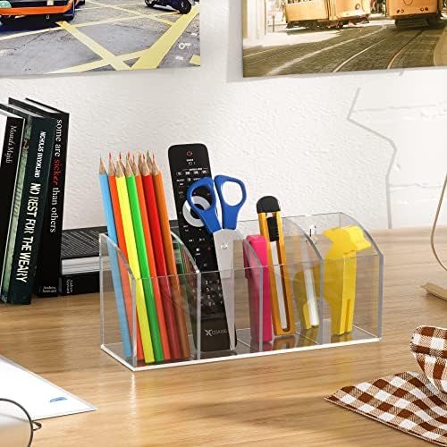 Acrylic Pen Holder Organizer 4 Compartments, Clear Makeup Brush Holder, No Drill Wall Mounting Pencil Holder for Office Accessories