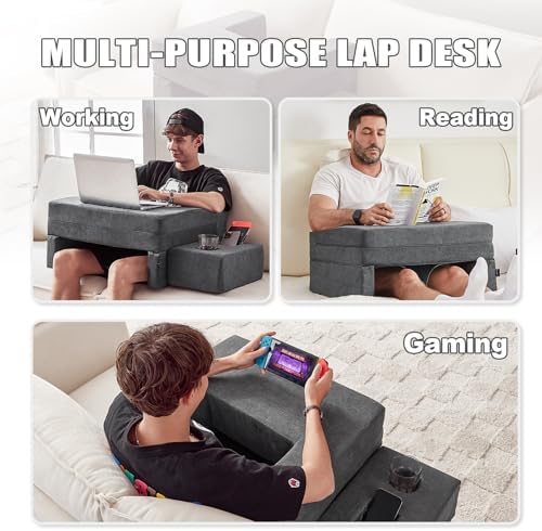 comehealthy Lap Desk Pillow for Laptop, Large Reading Pillow for Adult, Arm Rest Pillow with Cup Holder, Memory Foam Bed Desk for Working, Gaming, Reading, Laptop Desk for Couch Bed Floor(Grey)