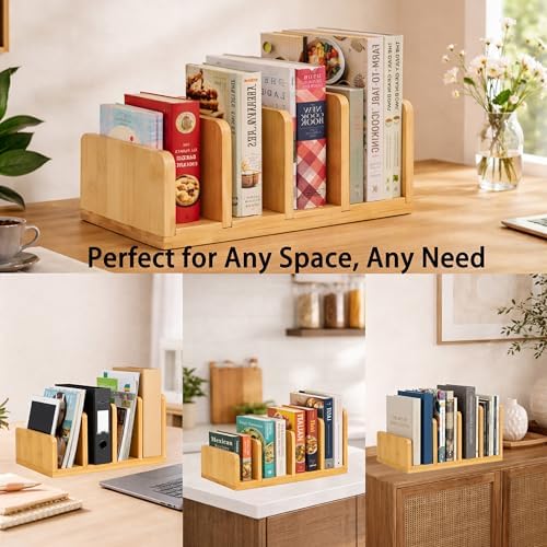 Natural Bamboo Cookbook Organizer Stand, 4 Slots Vertical Book Rack for Kitchen Countertop,Sturdy Recipe Book Holder & Binder Organizer,Easy to Assemble Cookbook Storage for Desk,Living Room