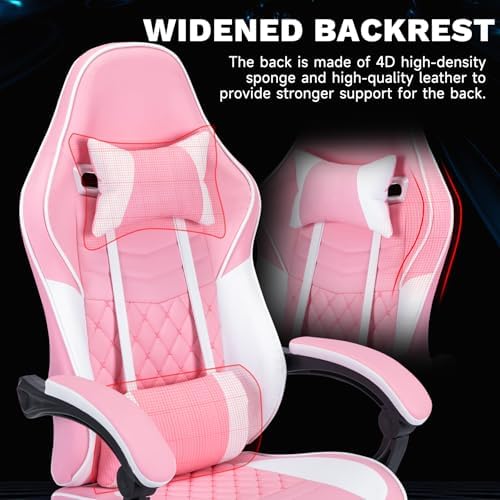 Pink Ergonomic Gaming Chair for Adults with Footrest and Massage